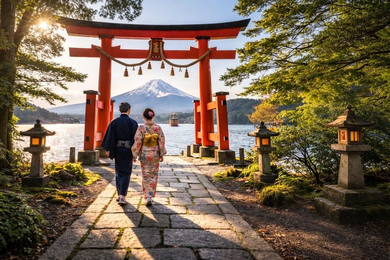 1-Person Tour: Mt. Fuji Classic Route Day Trip | Mt. Fuji Land, Sea, and Air Owakudani, Lake Yamanaka, Oshino Hakkai Day Trip with Ropeway | Departure from Tokyo - Hakone Shrine and the red torii at Lake Ashi
