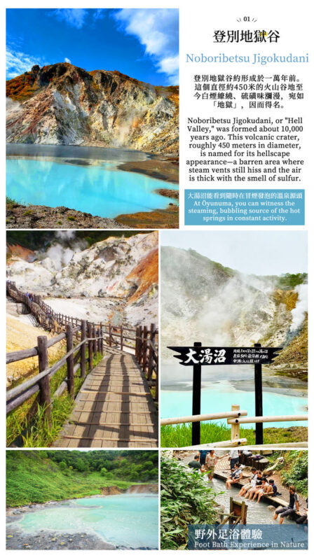 Classic one-day tour of Hokkaido Noboribetsu Jigokudani, Lake Toya, Showa Shinzan, Bear Ranch, and Otaru | Departure from Sapporo - Hell Valley: sulfur, steam and a close look at volcano country
