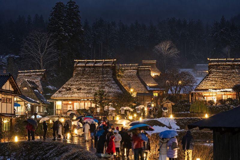 Kyoto Miyama Winter Lantern Festival Illumination & Amanohashidate & Ine Funaya Boat Tour One-Day Trip - Miyama’s thatched village after sunset